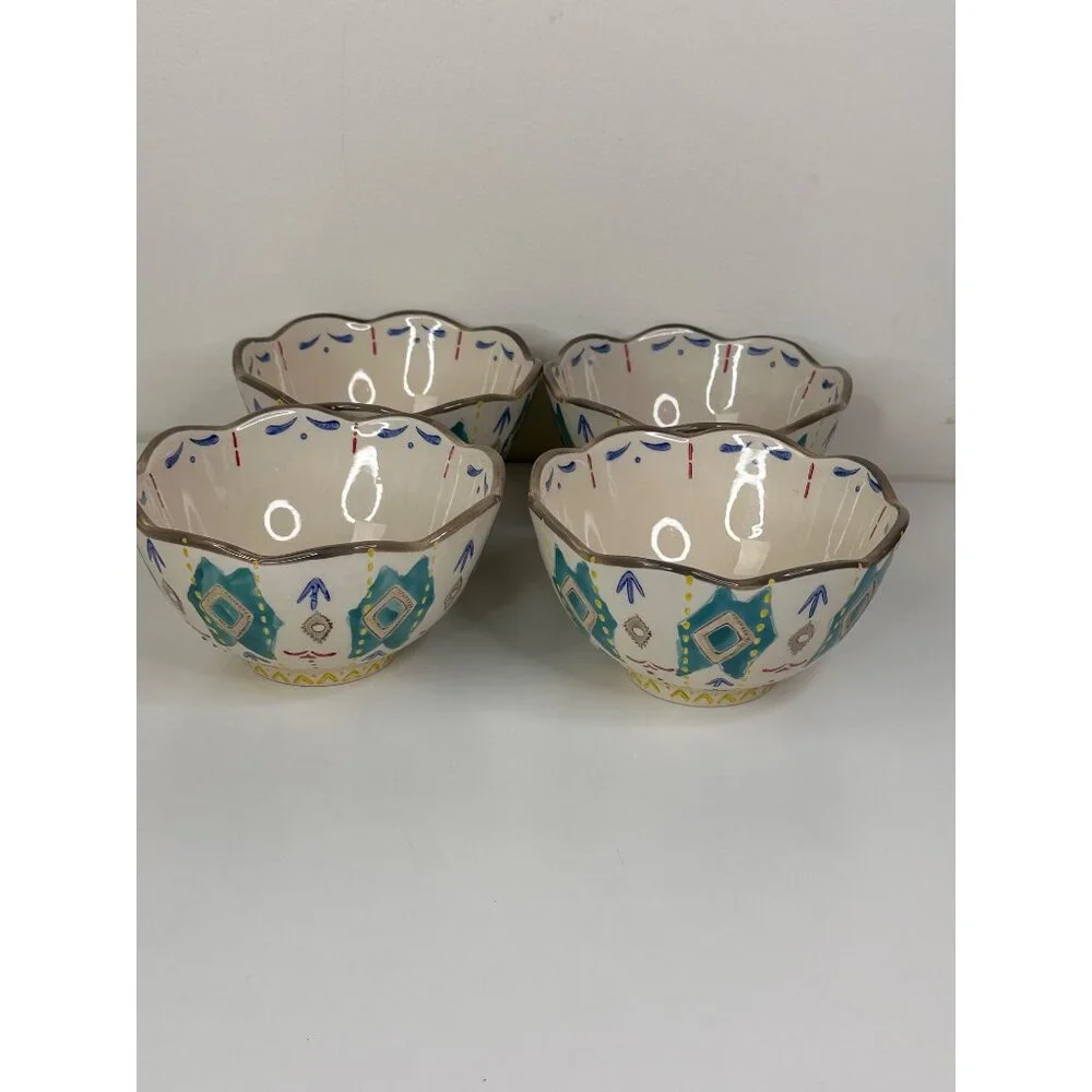 Set Of 4 Hand-Painted Southwest Aztec Boho Ceramic Bowls With Scalloped Edges